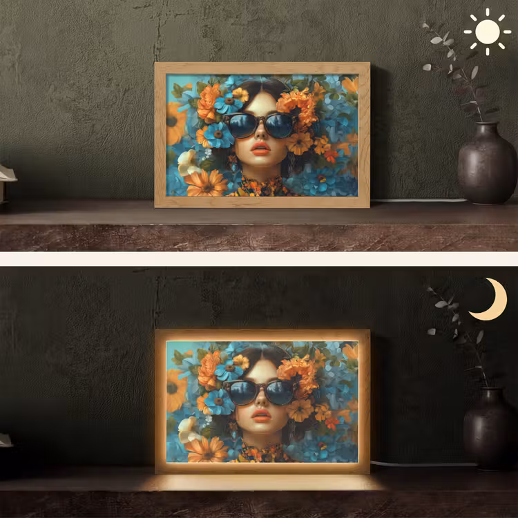 Vrouw - Bloemen - Oranje - Blauw - Modern Light Box met kabel (Tafellamp) klein -sfeer3
