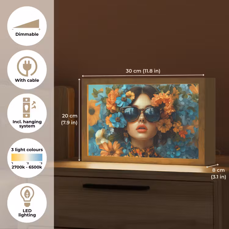 Vrouw - Bloemen - Oranje - Blauw - Modern Light Box met kabel (Tafellamp) klein -USP_EN