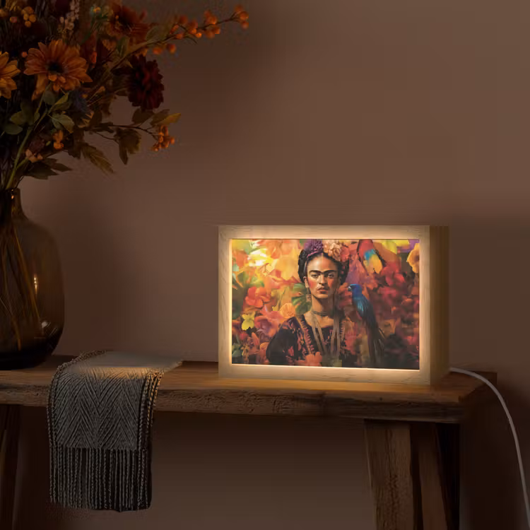 Vrouw - Bloemen - Papegaai - Schilderachtig Light Box met kabel (Tafellamp) klein -sfeer4