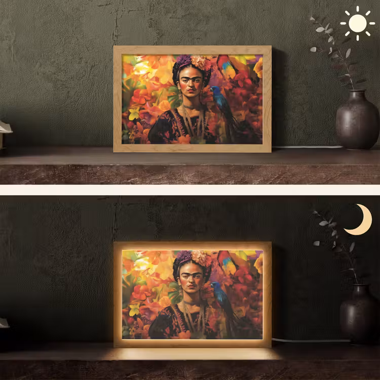 Vrouw - Bloemen - Papegaai - Schilderachtig Light Box met kabel (Tafellamp) klein -sfeer3