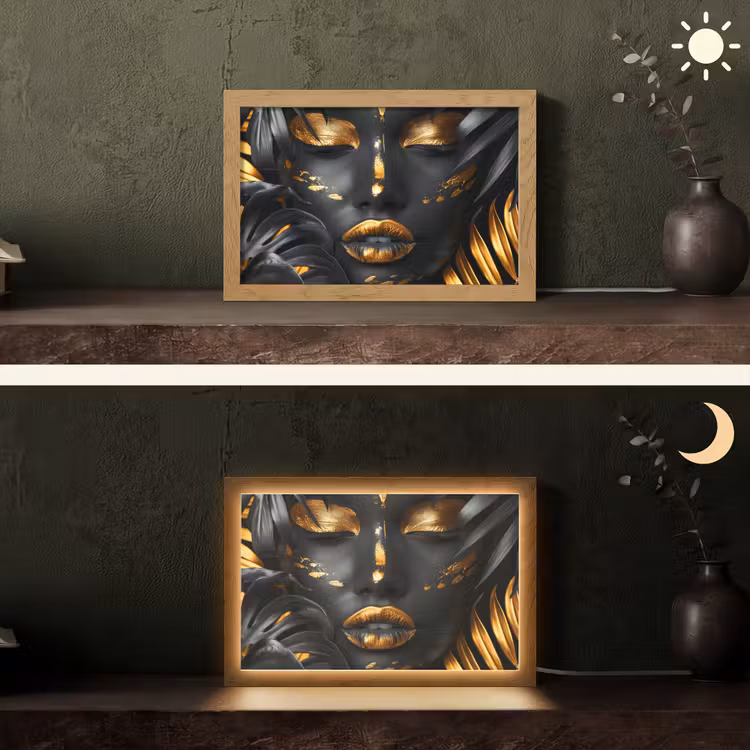 Vrouw - Goud - Natuur - Portret - Modern Light Box met kabel (Tafellamp) klein -sfeer3