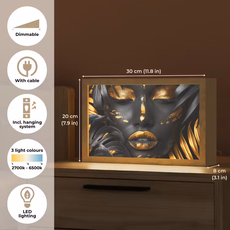 Vrouw - Goud - Natuur - Portret - Modern Light Box met kabel (Tafellamp) klein -USP_EN