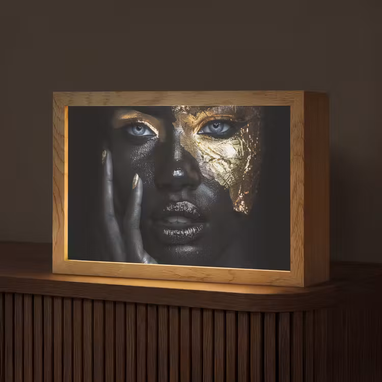 Vrouw - Goud - Portret - Modern - Zwart - Abstract Light Box met kabel (Tafellamp) klein -z3d_website