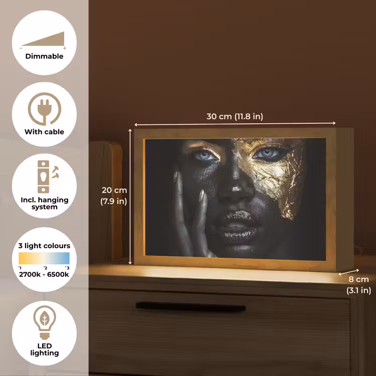 Vrouw - Goud - Portret - Modern - Zwart - Abstract Light Box met kabel (Tafellamp) klein -USP_EN