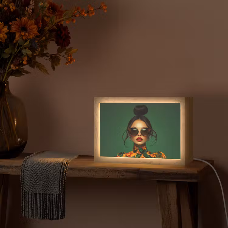Vrouw - Groen - Modern - Bril - Abstract Light Box met kabel (Tafellamp) klein -sfeer4