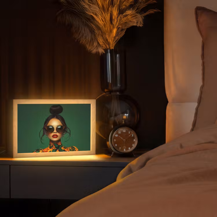 Vrouw - Groen - Modern - Bril - Abstract Light Box met kabel (Tafellamp) klein -sfeer1