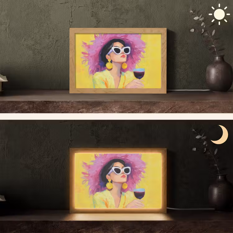 Vrouw - Hoed - Paars - Wijn Light Box met kabel (Tafellamp) klein -sfeer3