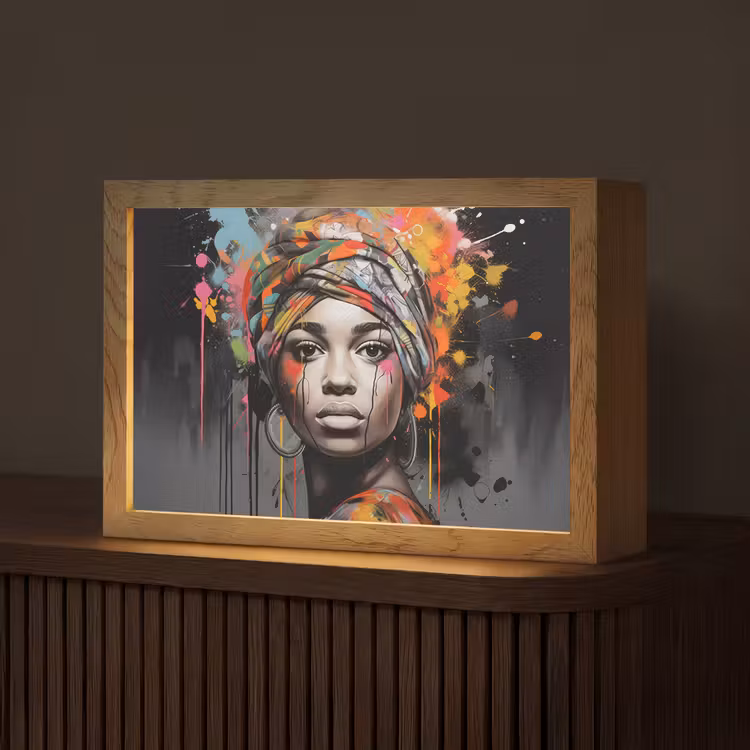 Vrouw - Hoofddoek - Graffiti - Zwart Light Box met kabel (Tafellamp) klein -z3d_website