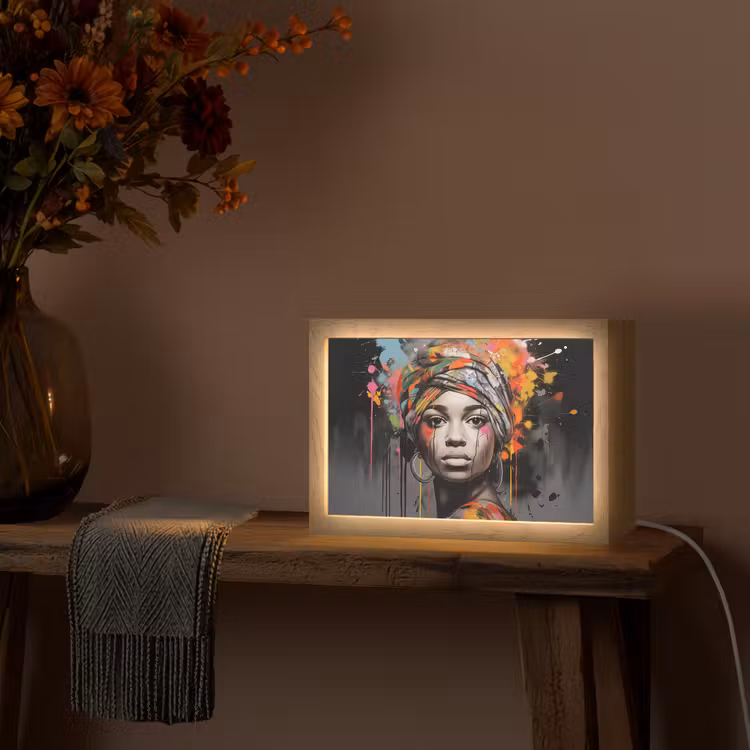 Vrouw - Hoofddoek - Graffiti - Zwart Light Box met kabel (Tafellamp) klein -sfeer4