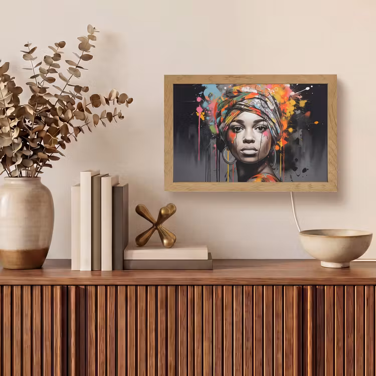 Vrouw - Hoofddoek - Graffiti - Zwart Light Box met kabel (Tafellamp) klein -sfeer2
