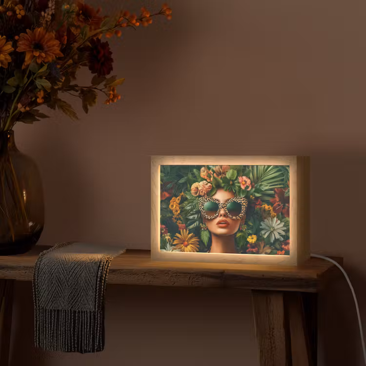 Vrouw - Panterprint - Jungle - Natuur - Luxe Light Box met kabel (Tafellamp) klein -sfeer4
