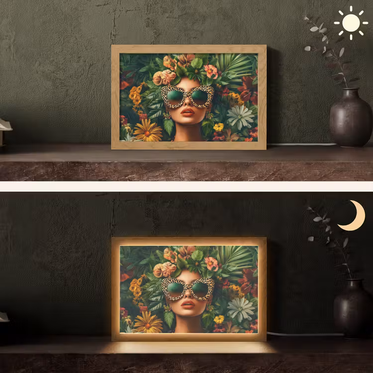 Vrouw - Panterprint - Jungle - Natuur - Luxe Light Box met kabel (Tafellamp) klein -sfeer3