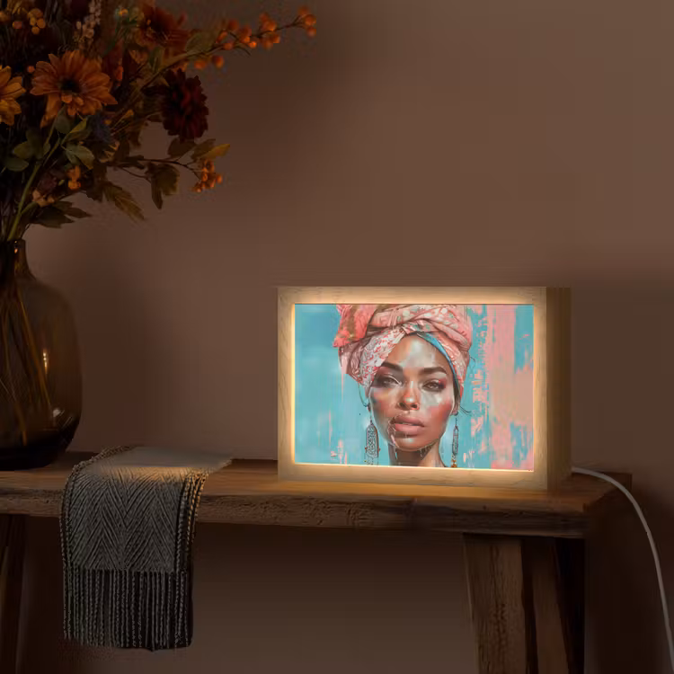 Vrouw - Portret - Blauw - Roze - Modern Light Box met kabel (Tafellamp) klein -sfeer4