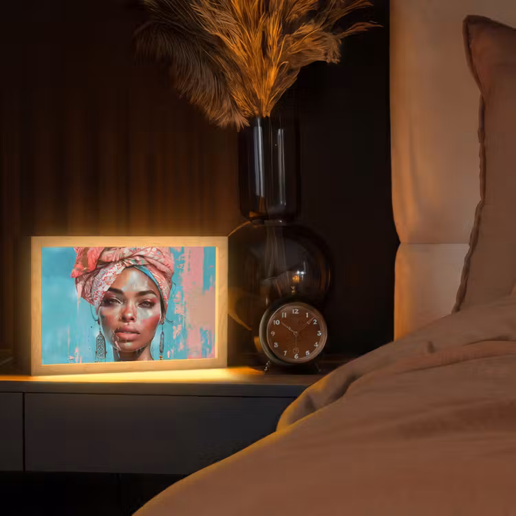 Vrouw - Portret - Blauw - Roze - Modern Light Box met kabel (Tafellamp) klein -sfeer1
