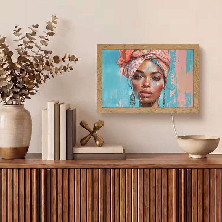 Vrouw - Portret - Blauw - Roze - Modern Light Box met kabel (Tafellamp) klein -sfeer2