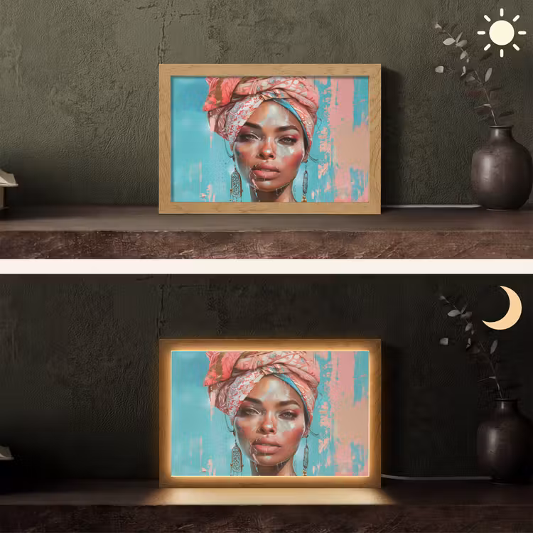 Vrouw - Portret - Blauw - Roze - Modern Light Box met kabel (Tafellamp) klein -sfeer3