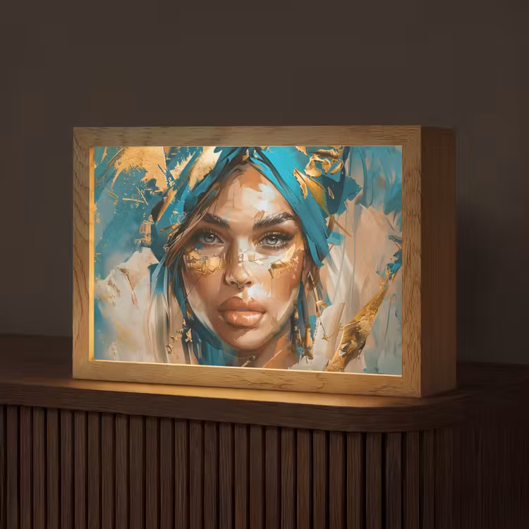 Vrouw - Portret - Goud - Luxe - Blauw Light Box met kabel (Tafellamp) klein -z3d_website