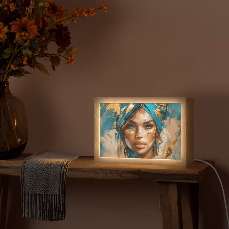 Vrouw - Portret - Goud - Luxe - Blauw Light Box met kabel (Tafellamp) klein -sfeer4