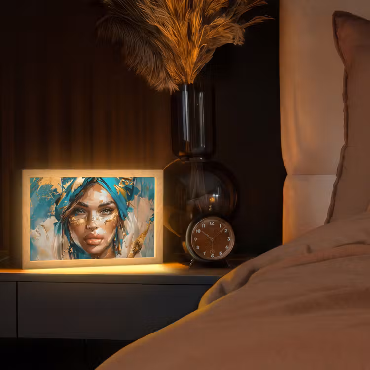Vrouw - Portret - Goud - Luxe - Blauw Light Box met kabel (Tafellamp) klein -sfeer1