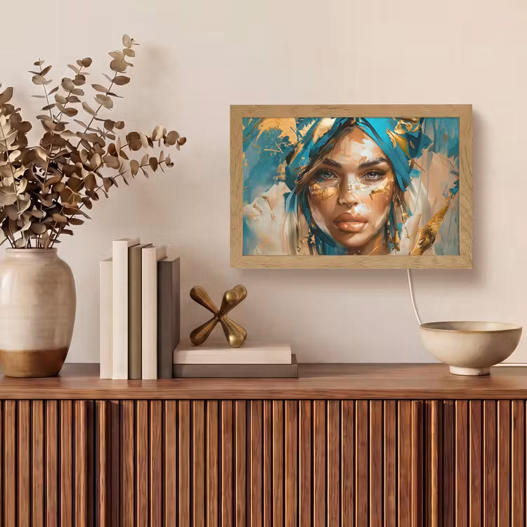 Vrouw - Portret - Goud - Luxe - Blauw Light Box met kabel (Tafellamp) klein -sfeer2