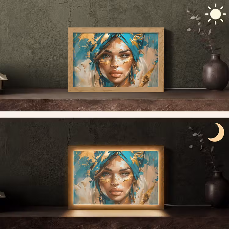 Vrouw - Portret - Goud - Luxe - Blauw Light Box met kabel (Tafellamp) klein -sfeer3