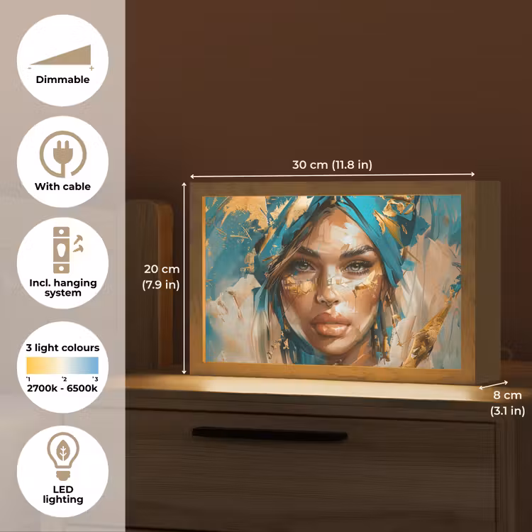 Vrouw - Portret - Goud - Luxe - Blauw Light Box met kabel (Tafellamp) klein -USP_EN