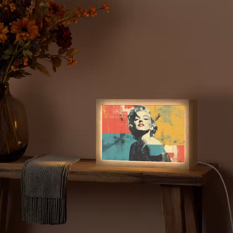 Vrouw - Rode lippen - Abstracte kleurvlakken - Popartuistraling Light Box met kabel (Tafellamp) klein -sfeer4