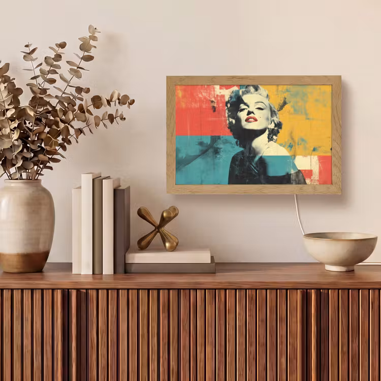 Vrouw - Rode lippen - Abstracte kleurvlakken - Popartuistraling Light Box met kabel (Tafellamp) klein -sfeer2