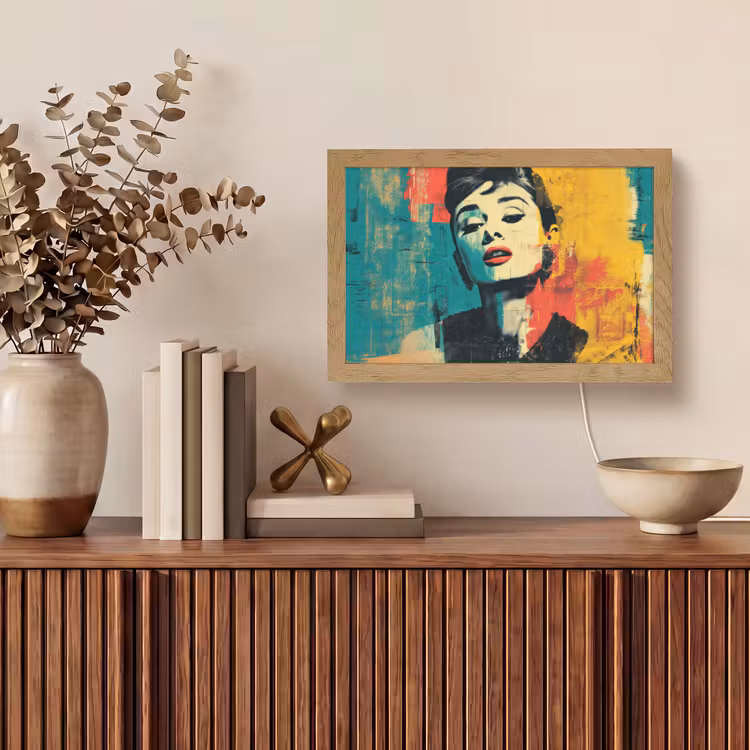 Vrouw - Rode lippen - Expressief - Grafisch Light Box met kabel (Tafellamp) klein -sfeer2
