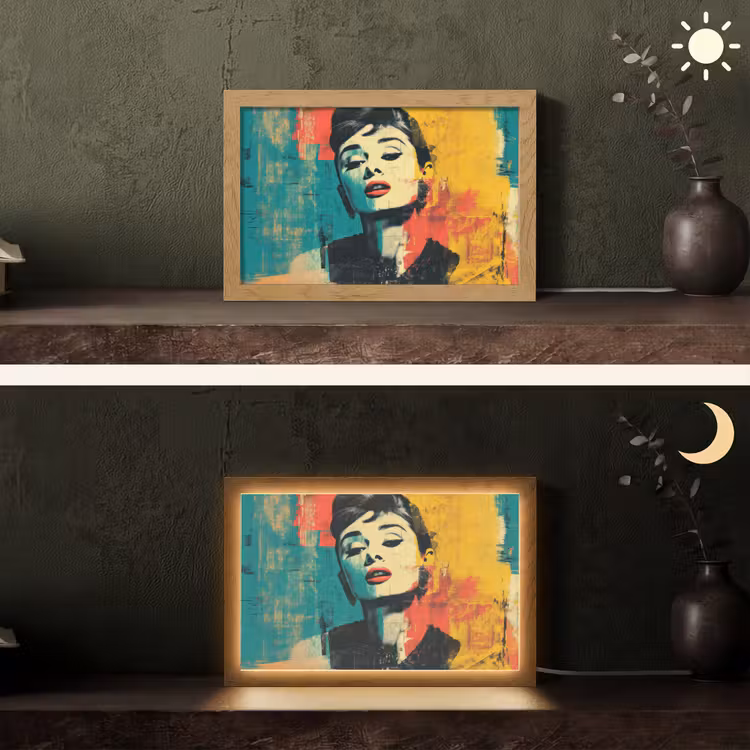 Vrouw - Rode lippen - Expressief - Grafisch Light Box met kabel (Tafellamp) klein -sfeer3