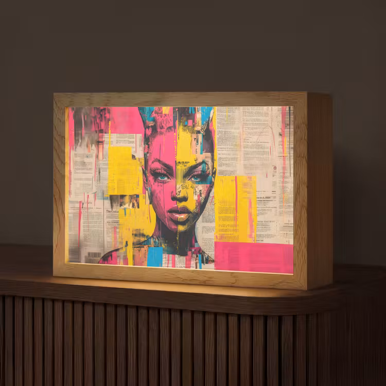 Vrouwengezicht - Krantenpapier - Abstract - Roze Light Box met kabel (Tafellamp) klein -z3d_website