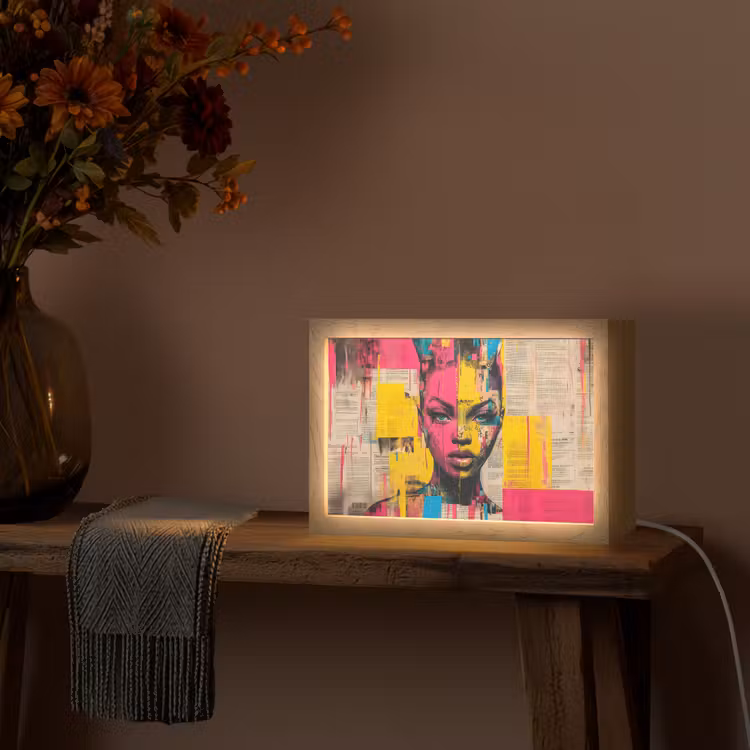 Vrouwengezicht - Krantenpapier - Abstract - Roze Light Box met kabel (Tafellamp) klein -sfeer4