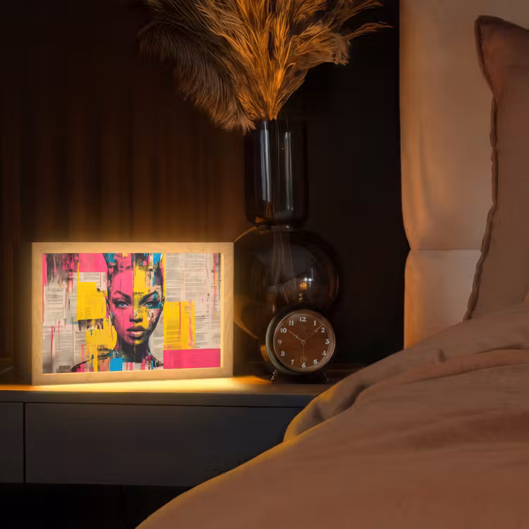 Vrouwengezicht - Krantenpapier - Abstract - Roze Light Box met kabel (Tafellamp) klein -sfeer1