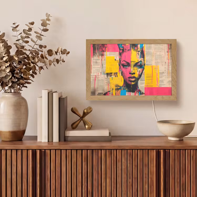 Vrouwengezicht - Krantenpapier - Abstract - Roze Light Box met kabel (Tafellamp) klein -sfeer2
