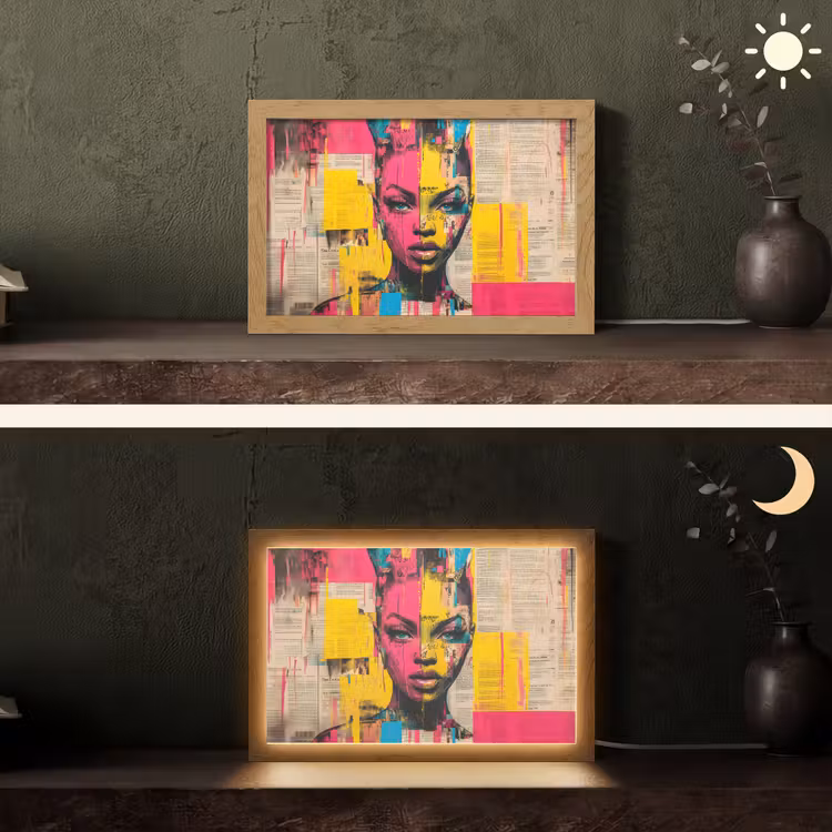 Vrouwengezicht - Krantenpapier - Abstract - Roze Light Box met kabel (Tafellamp) klein -sfeer3