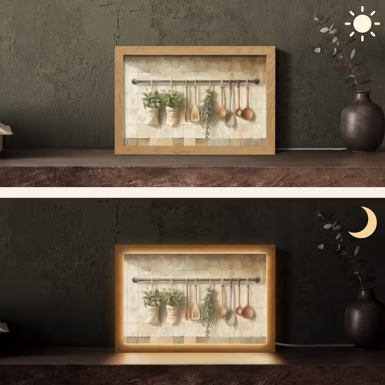 Hout - Keukengerei - Stilleven - Tegels Light Box met kabel (Tafellamp) klein -sfeer3