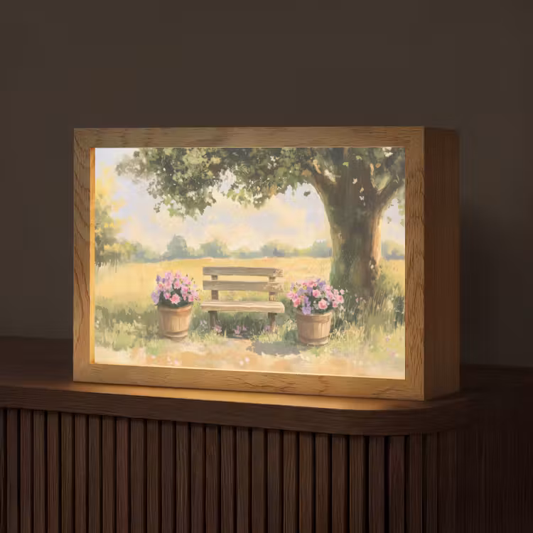 Houten bankje - Bloempotten - Landschap Light Box met kabel (Tafellamp) klein -z3d_website