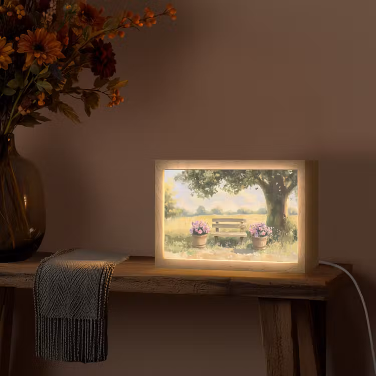 Houten bankje - Bloempotten - Landschap Light Box met kabel (Tafellamp) klein -sfeer4