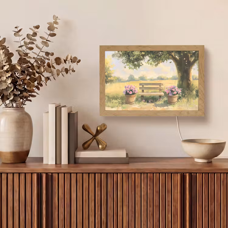 Houten bankje - Bloempotten - Landschap Light Box met kabel (Tafellamp) klein -sfeer2