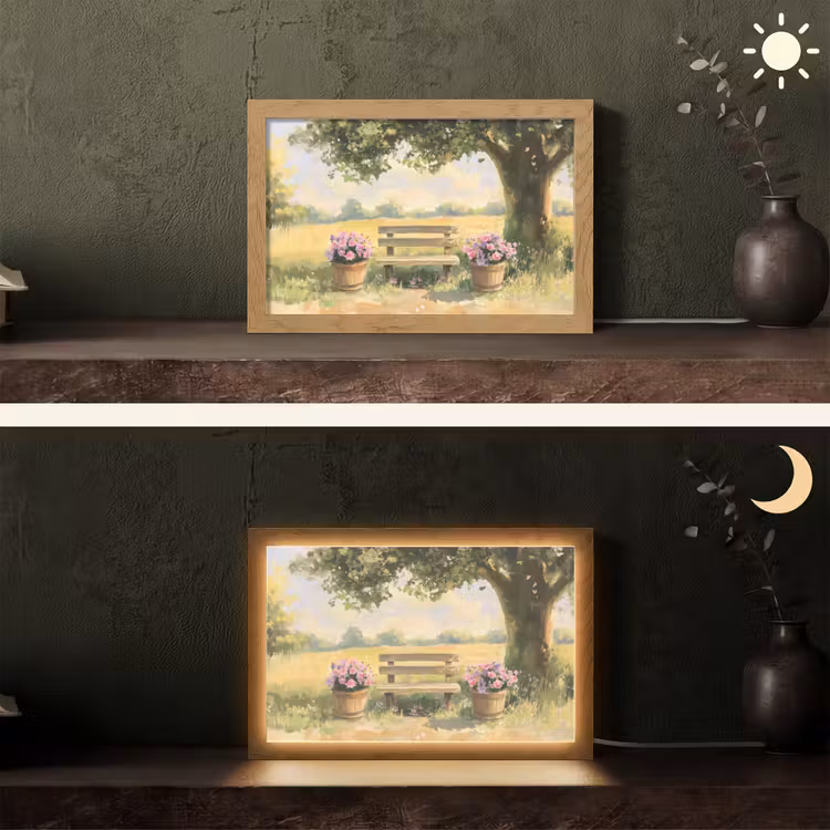 Houten bankje - Bloempotten - Landschap Light Box met kabel (Tafellamp) klein -sfeer3