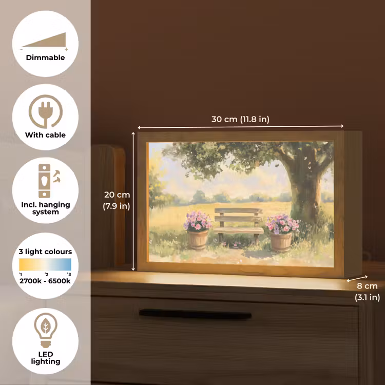 Houten bankje - Bloempotten - Landschap Light Box met kabel (Tafellamp) klein -USP_EN
