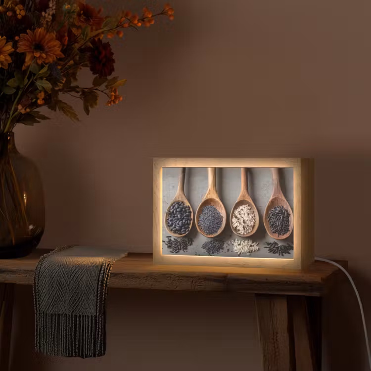 Houten - Lepels - Rijst - Zaden Light Box met kabel (Tafellamp) klein -sfeer4