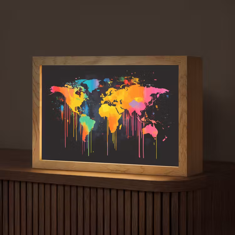 Wereldkaart - Verf - Kleurrijk - Graffiti - Wereld Light Box met kabel (Tafellamp) klein -z3d_website