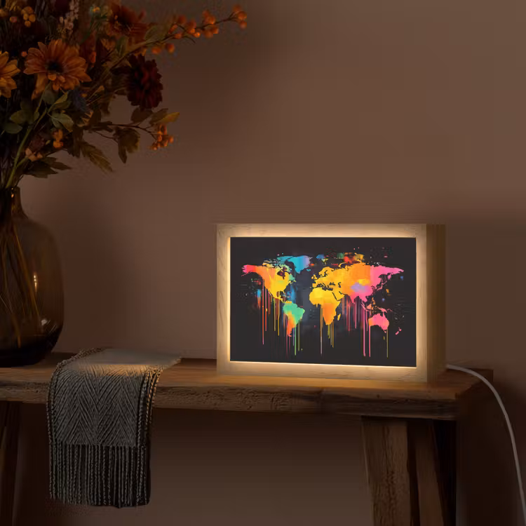 Wereldkaart - Verf - Kleurrijk - Graffiti - Wereld Light Box met kabel (Tafellamp) klein -sfeer4