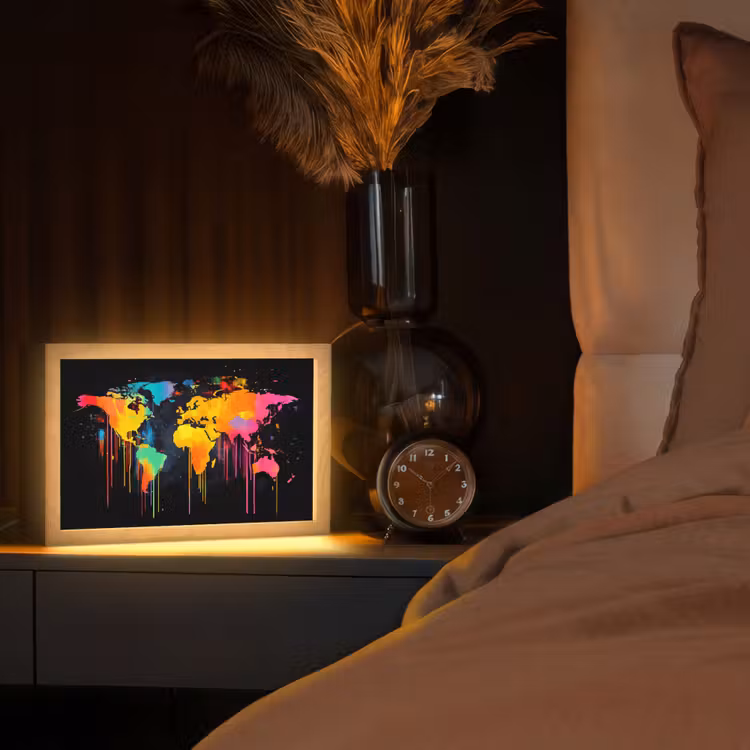 Wereldkaart - Verf - Kleurrijk - Graffiti - Wereld Light Box met kabel (Tafellamp) klein -sfeer1
