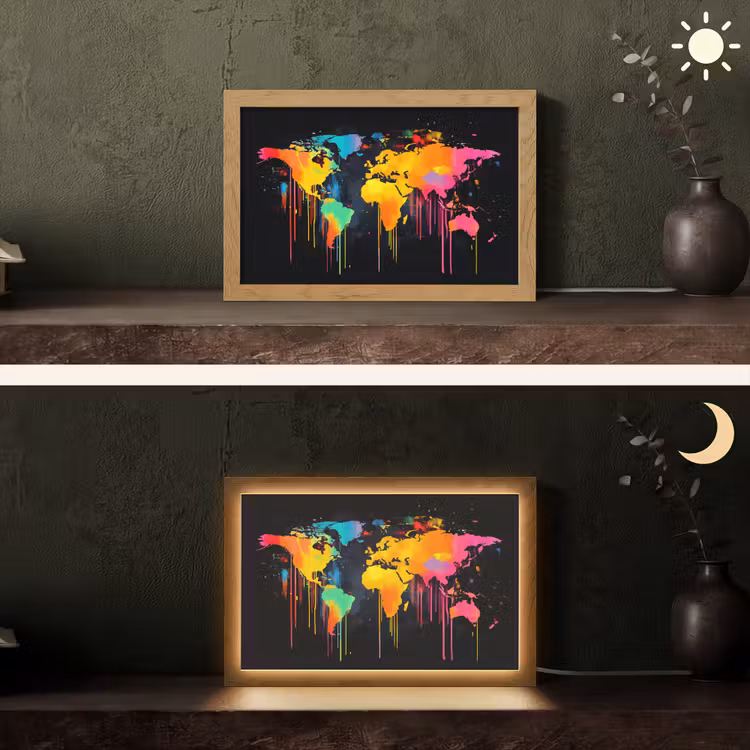 Wereldkaart - Verf - Kleurrijk - Graffiti - Wereld Light Box met kabel (Tafellamp) klein -sfeer3