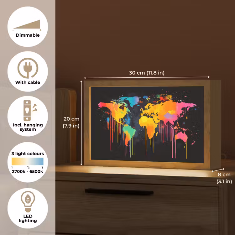 Wereldkaart - Verf - Kleurrijk - Graffiti - Wereld Light Box met kabel (Tafellamp) klein -USP_EN