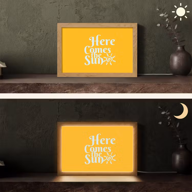 Geel - Blauw - Here comes the sun Light Box met kabel (Tafellamp) klein -sfeer3