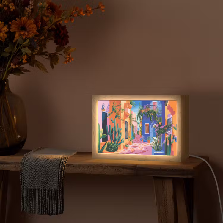 Geel - Blauw - Oranje - Huis Light Box met kabel (Tafellamp) klein -sfeer4