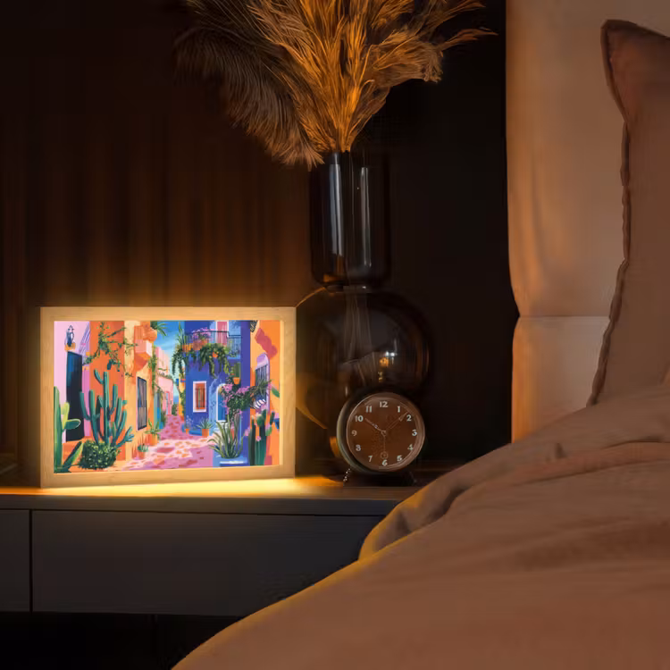 Geel - Blauw - Oranje - Huis Light Box met kabel (Tafellamp) klein -sfeer1